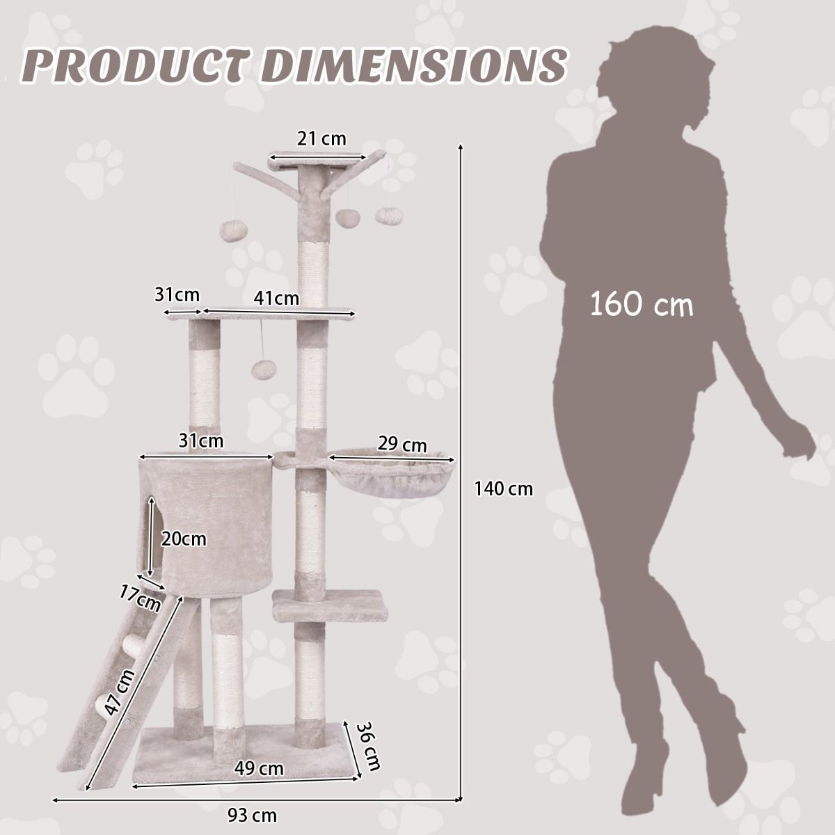 Arbre à chat Coast - 6 étages - poteaux en sisal et revêtement en peluche - beige - 93 x 36 x 140 cm