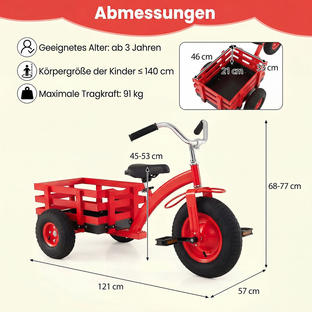Tricycle pour enfants Coast avec guidon et selle réglables - avec remorque - rouge