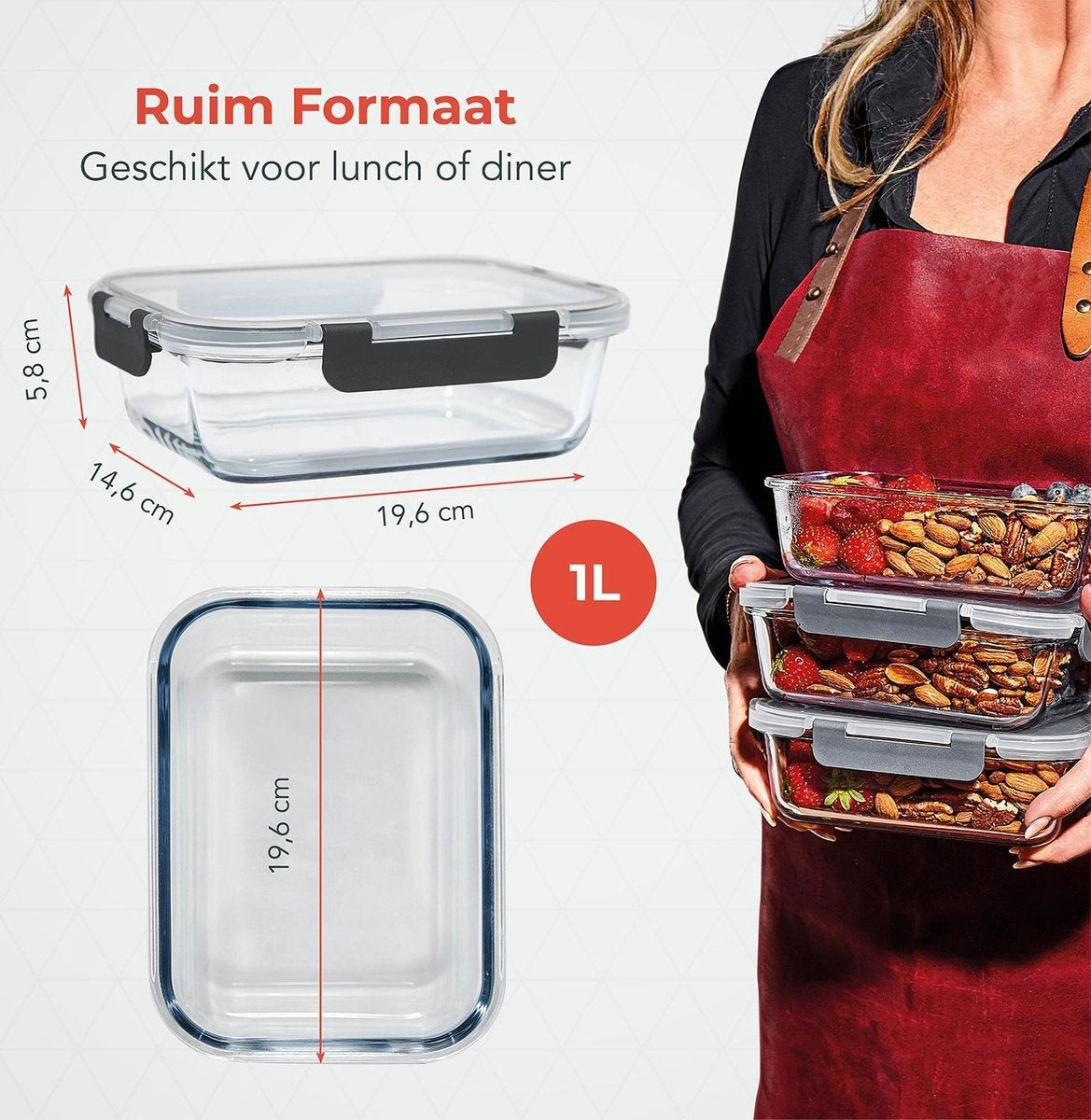 Boîtes repas en verre - KitchenBrothers - hermétique - sans BPA - 1L - 5 pièces