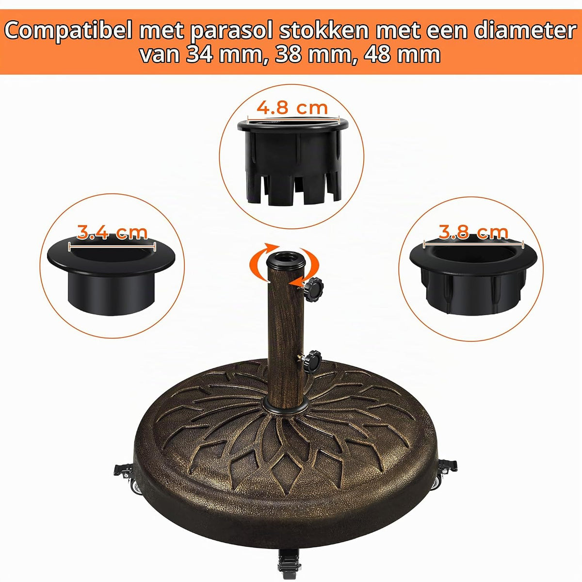 Pied de parasol Yaheetech à roulettes 50,5 x 42 cm - Bronze - Compatible avec les mâts de parasol de ø34/38/48 mm