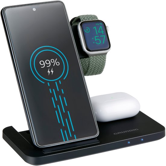 Chargeur sans fil 3-en-1 Grundig – Station de recharge rapide pour smartphone, montre connectée et écouteurs – Chargeur sans fil pour iPhone et Samsung – Chargeur sans fil – Design pliable