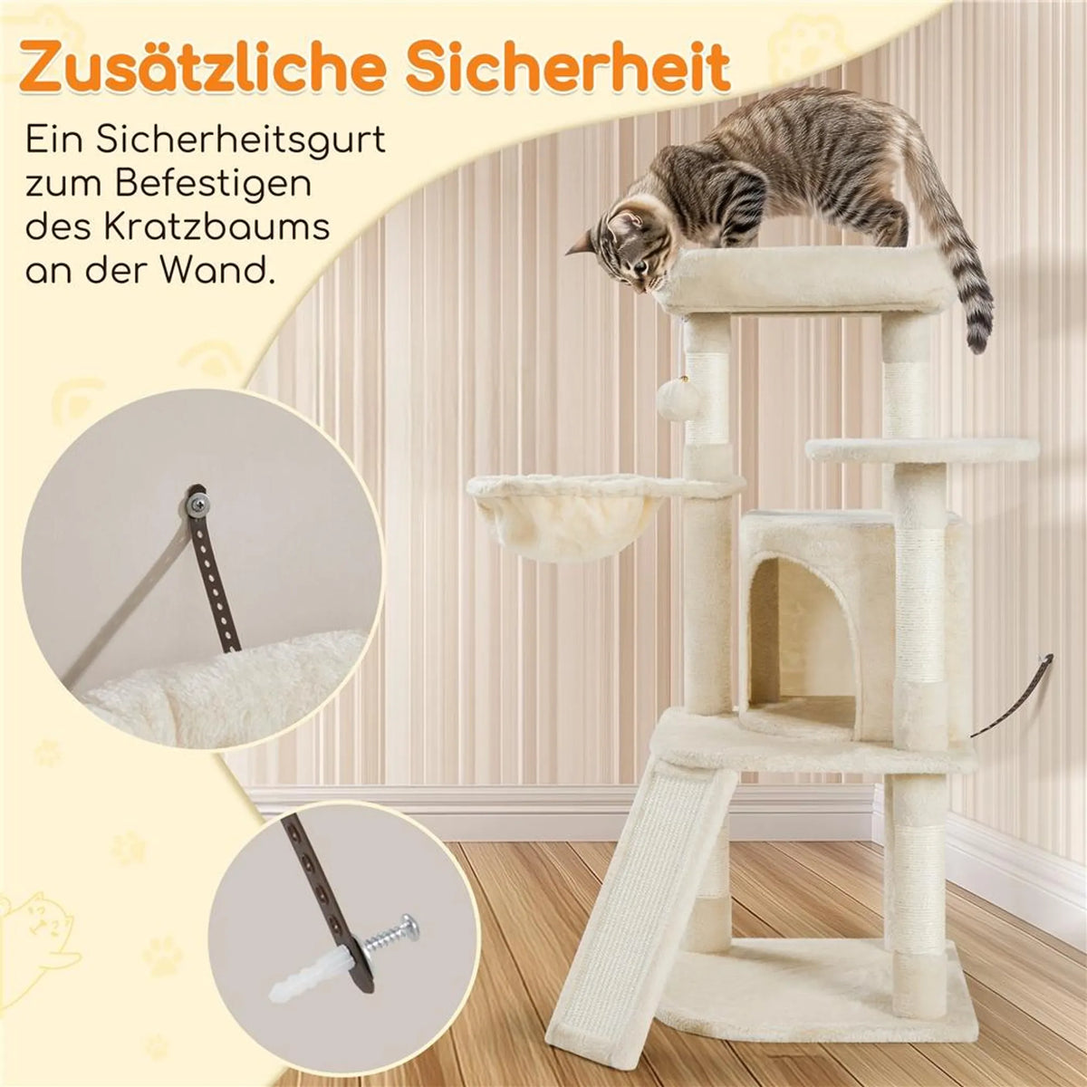 Yaheetech Griffoir moyen - 43,5 x 43,5 x 106 cm - avec plateforme d'observation généreuse, hamac et panier à chat avec 5 tiges en sisal - pour chatons et chats de taille moyenne - peluche beige et panneau d'aggloméré