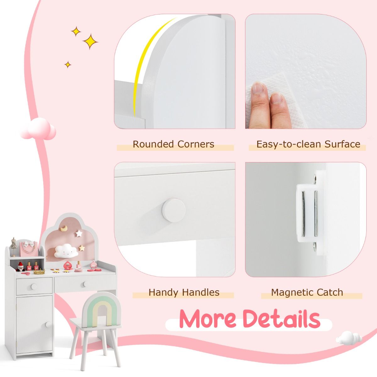 Ensemble de coiffeuse pour enfants Coast - miroir en forme de nuage - coiffeuse 2-en-1 avec tabouret - blanc