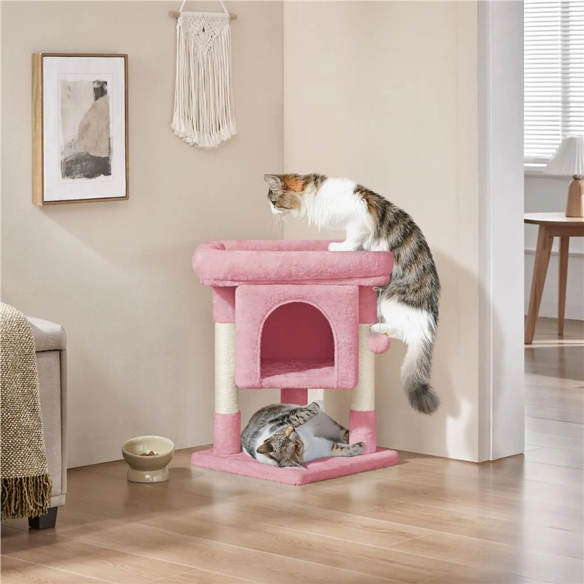 Yaheetech Scratch Post With Hammock - équipé d'un terrier pour chat, de deux poteaux en sisal et d'un endroit pour se coucher - pour chatons et petits chats - peluche rose clair et sisal - 40,5 x 40,5 x 59 cm