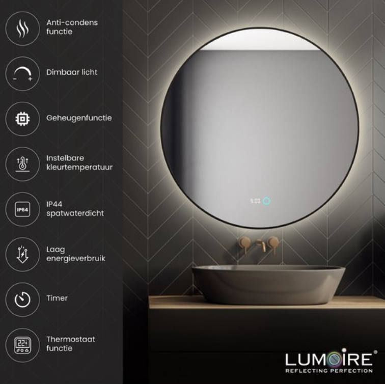 Miroir Lumoire Neon 8000 avec éclairage - Bord noir - Ø 80 cm - Rond, anti-buée, en forme d'horloge