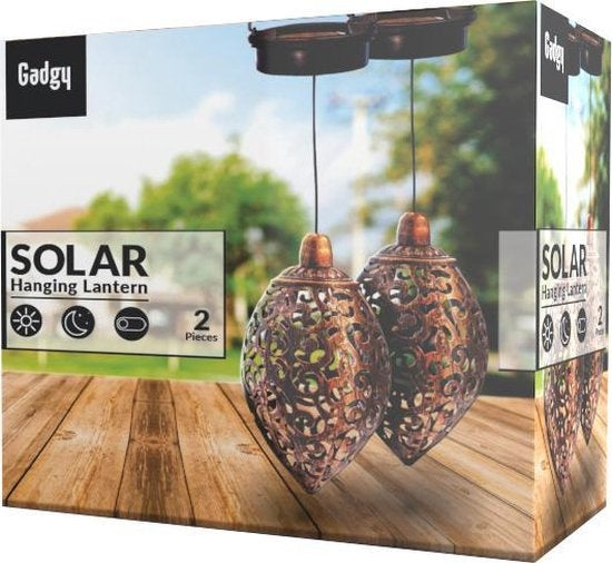 Gadgy Lanterne Orientale Solaire Suspendue 2 pièces - Éclairage de Jardin Solaire à LED - Capteur Jour/Nuit - Lanterne de Jardin - Bronze - Métal