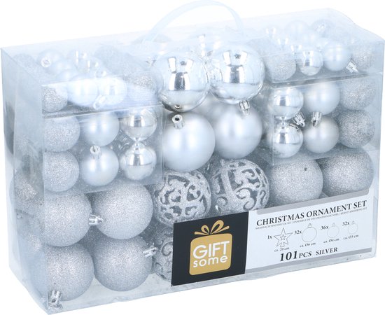 Lot de boules de Noël argentées Giftsome - 101 boules de Noël en plastique - avec pic argenté - Décoration de Noël - 3/4/6 cm