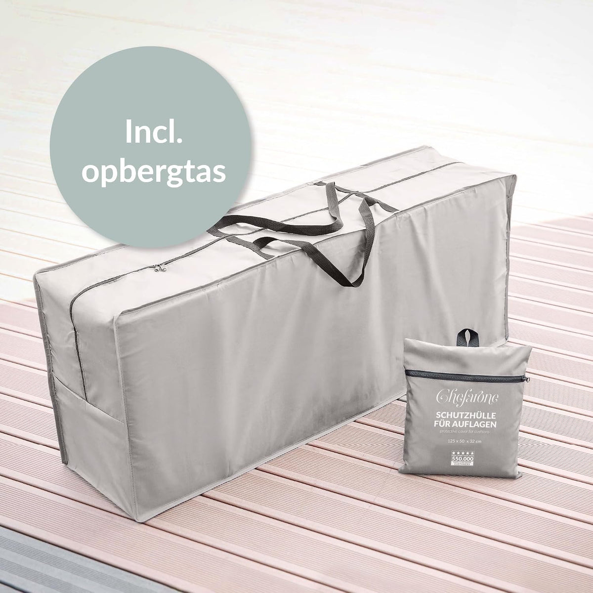 Sac de rangement Chefarone pour coussins de jardin - Hydrofuge - 125 x 50 x 32 cm - Polyester 420D - Gris clair