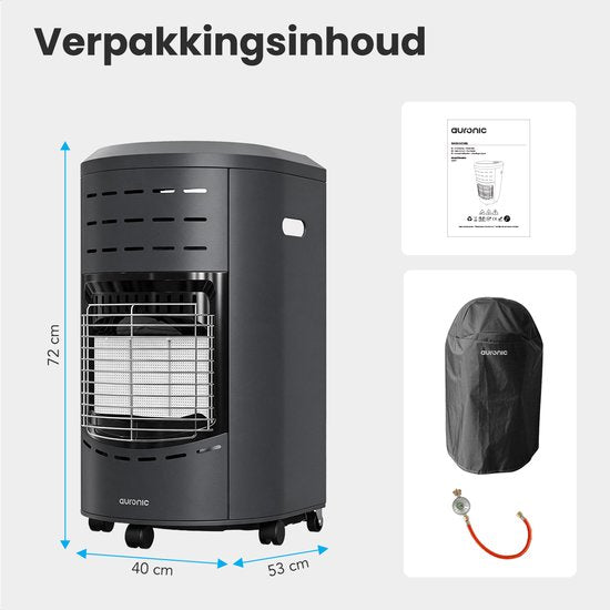 Chauffage au gaz portable Auronic - avec roulettes - jusqu'à 60 m² - Chauffage au gaz 4100 W - Régulateur de pression et tuyau de gaz inclus - Housse de rangement incluse - Anthracite