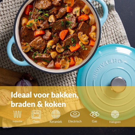 Casserole en fonte Chefarone 4,7 L - Sans PFAS - Casserole avec couvercle - Compatible avec toutes les sources de chaleur - Émaillée bleue