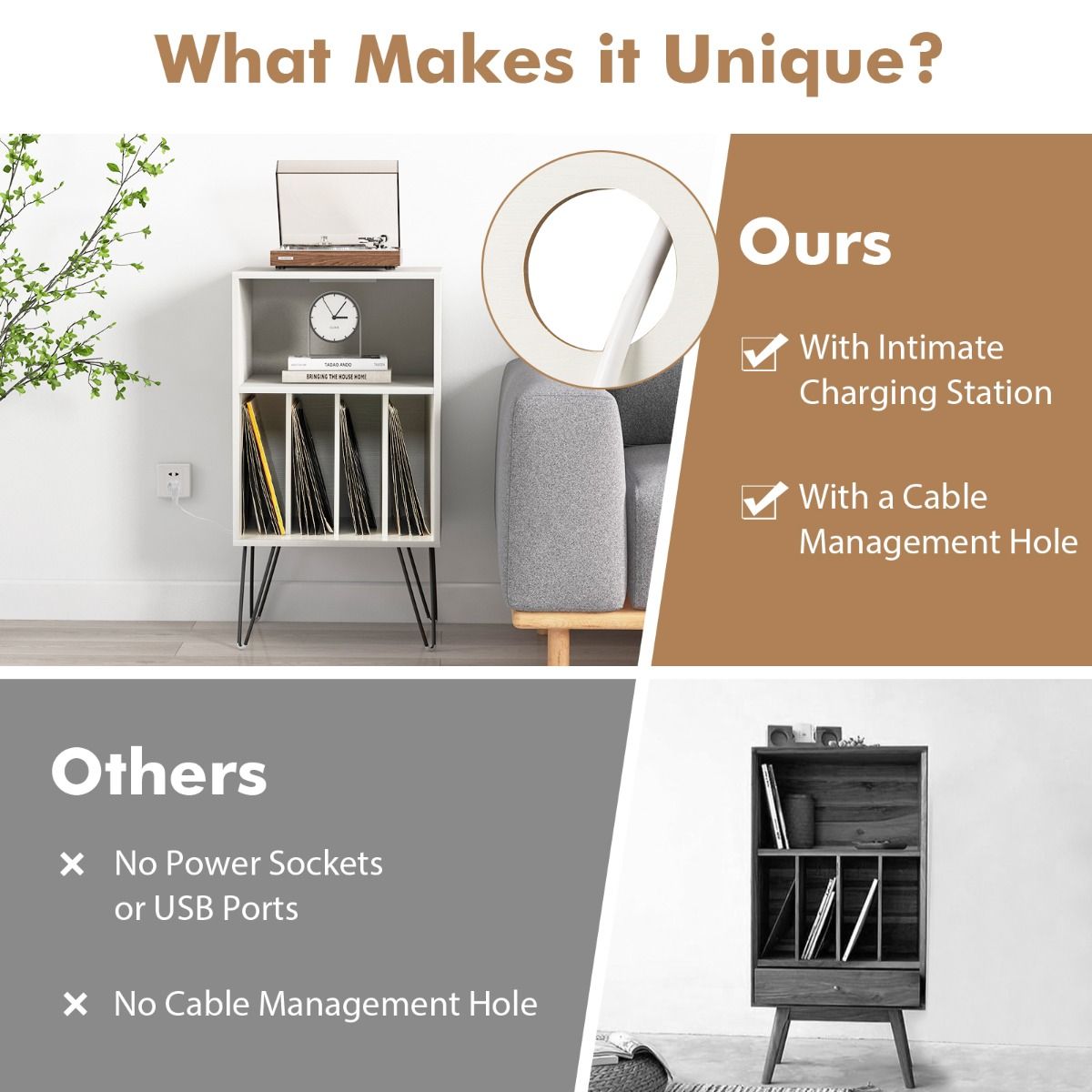 Support pour platine vinyle Coast - Table de rangement pour vinyles à 3 étages - avec station de recharge - blanc