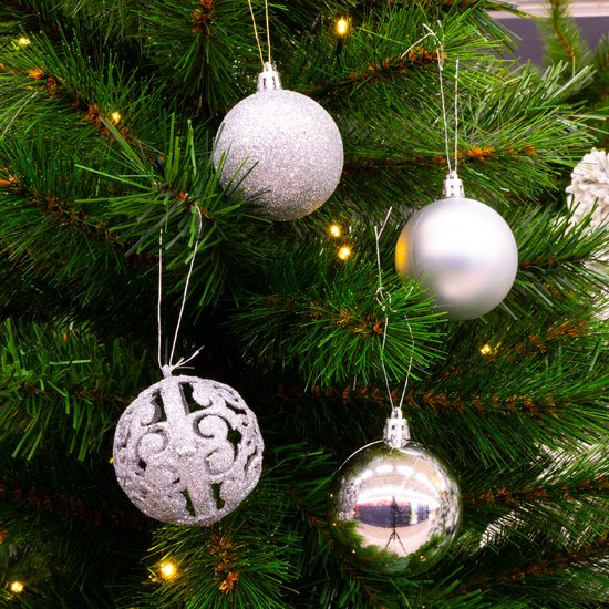 Lot de boules de Noël argentées Giftsome - 101 boules de Noël en plastique - avec pic argenté - Décoration de Noël - 3/4/6 cm