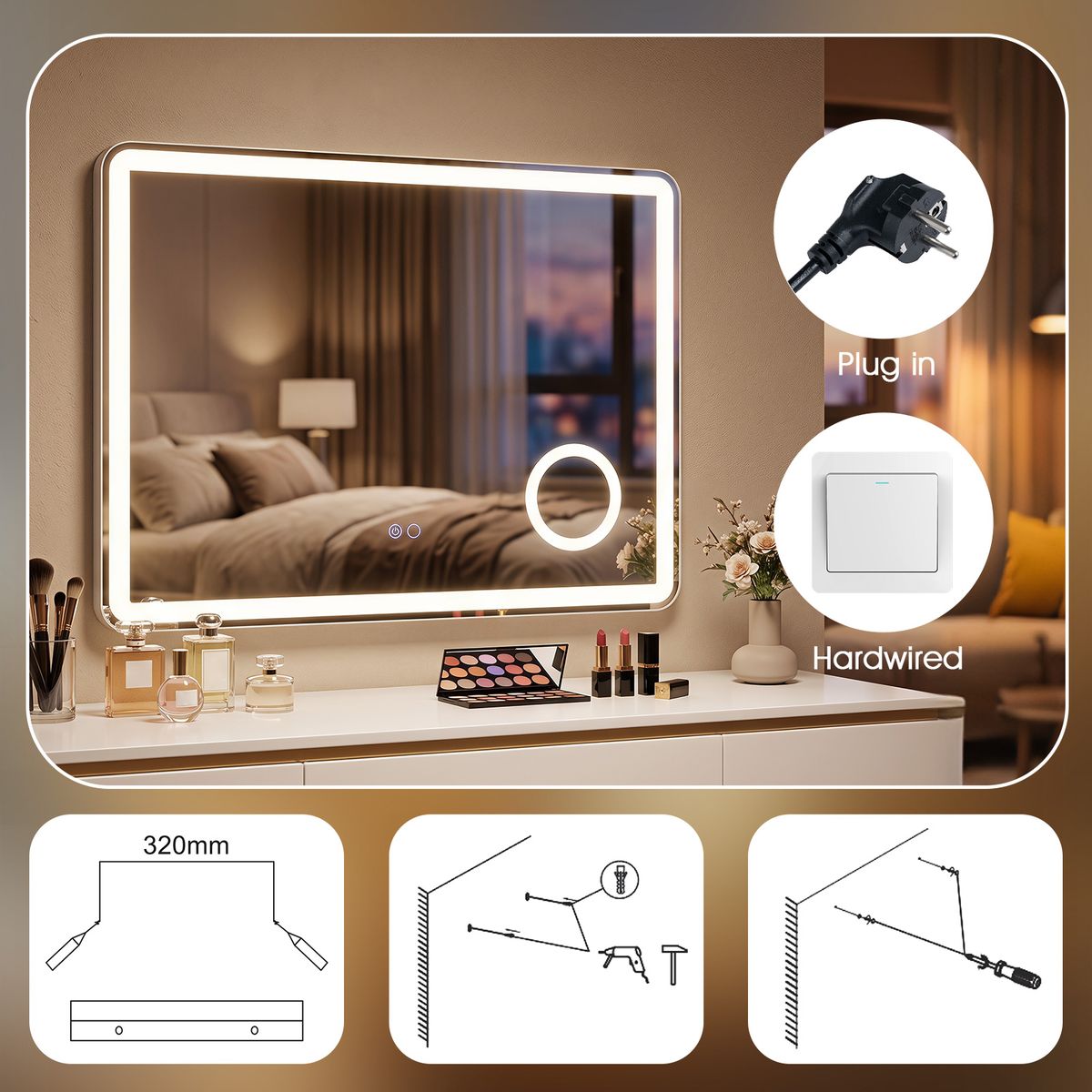 Miroir de salle de bains Coast à LED - miroir grossissant 3x intégré - éclairage à intensité variable - 80 x 60 cm - argent