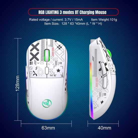 HXSJ T90 2.4G Silent Wireless Gaming Mouse - Bluetooth - Souris d'ordinateur - Ultra légère - Eclairage RVB - Blanc