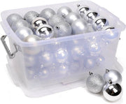 Cadeaux de Noël Set de boules de Noël argentées - 70 pièces boules de Noël en plastique - boîte de rangement pour boules de Noël incluse - Ø4/5/6 cm