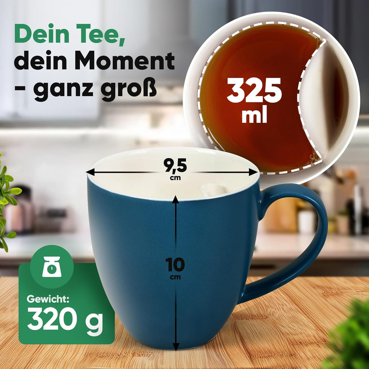 Neighbour's Friend Tasse à thé brevetée bleue Boîte cadeau I Tasse en céramique grande 325ml I Tasse à thé en faïence I Tasse en céramique pour le thé I Tasses à thé lavables au lave-vaisselle I Design moderne pour les buveurs de thé
