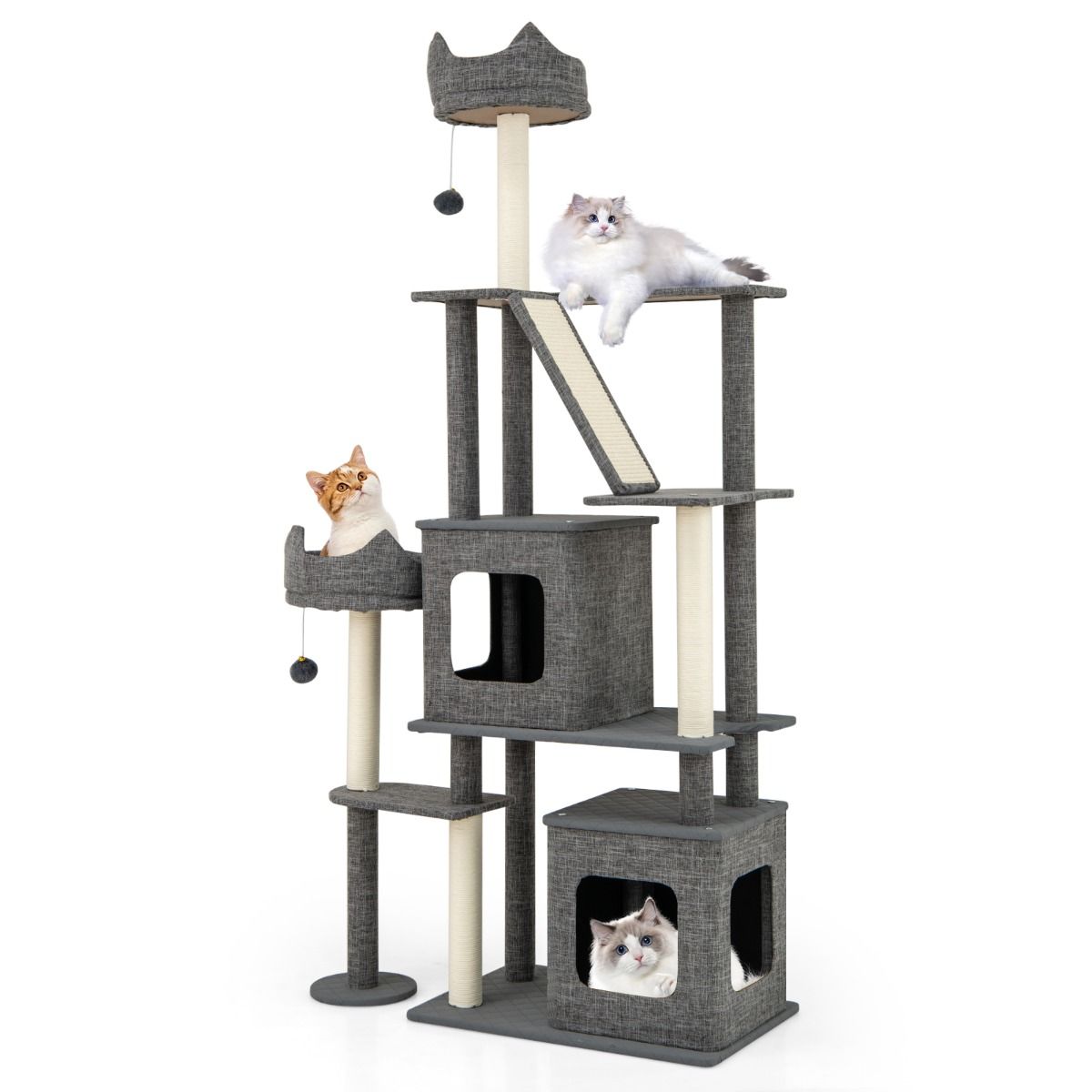 Arbre à chat Coast - 2 maisonnettes - plateformes de jeu et panier - gris - 180 cm