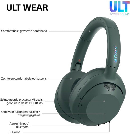 Sony ULT Wear - Casque sans fil à réduction de bruit avec technologie ULT Power Sound - Gris forêt