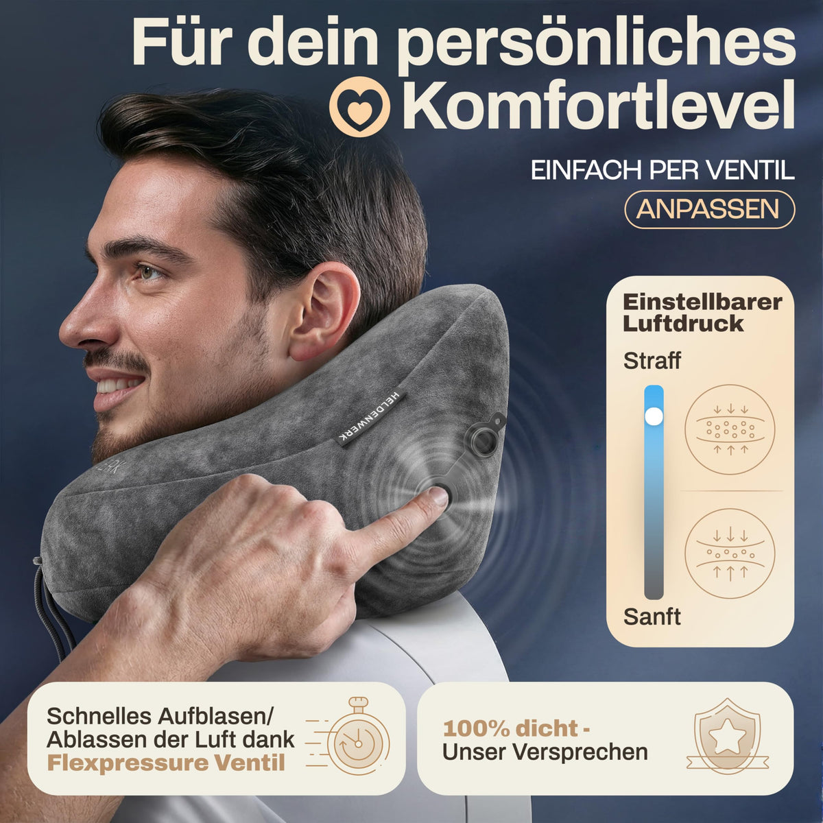 Oreiller cervical Heldenwerk - Gonflable - Valve Comfort - Capuchon - Grand format - Gris foncé