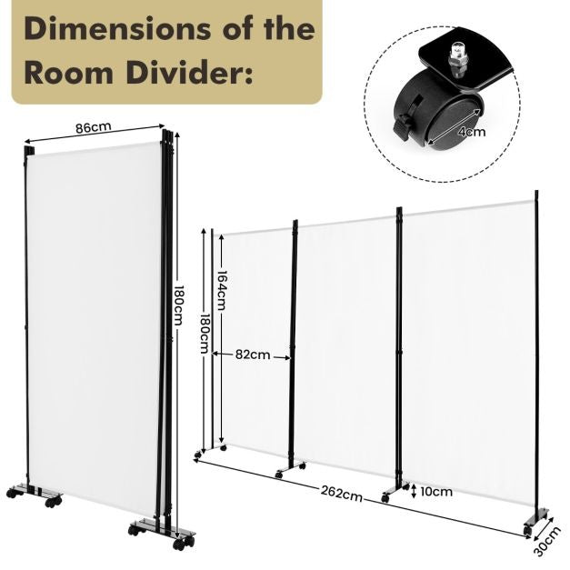 Paravent intérieur avec 3 panneaux amovibles 262x180cm Cloison avec 8 roulettes Cadre en fibre de polyester Fer