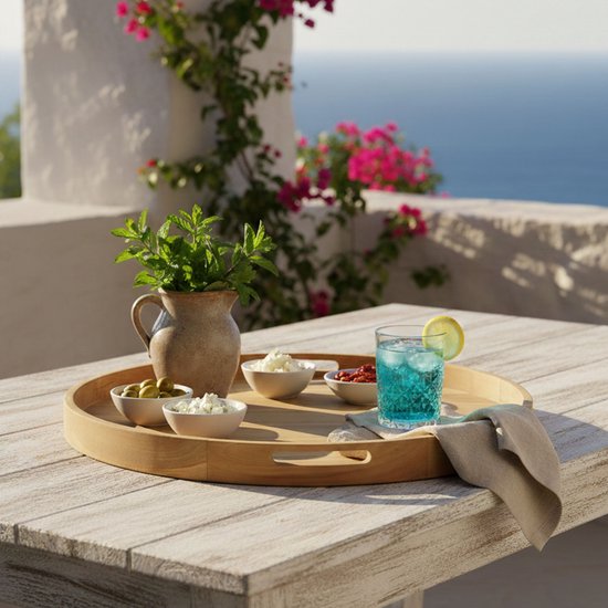 Plateau AXI Dewi en teck Ø 80 cm – Plateau rond – Teck – Pour verres et décoration de table – Pour l'intérieur et l'extérieur