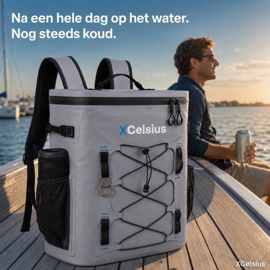 Sac à dos isotherme XCelsius® 20 litres – Sac à dos isotherme avec 2 blocs réfrigérants et un décapsuleur – Au moins 24 heures de fraîcheur – 100 % étanche – Sac à dos isotherme pour la plage, les festivals, le bateau et le camping – Gris