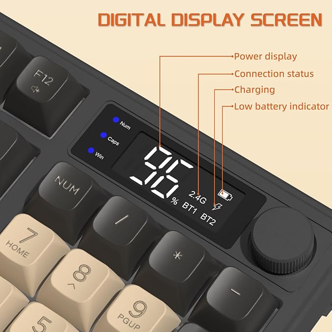 FREEWOLF M96 Wireless Gaming Keyboard, clavier mécanique sans fil Bluetooth/2.4G, rétro-éclairage LED RGB avec écran, capuchon de clavier PBT, 3000mAh, US Layout pour Win/Mac Flickering