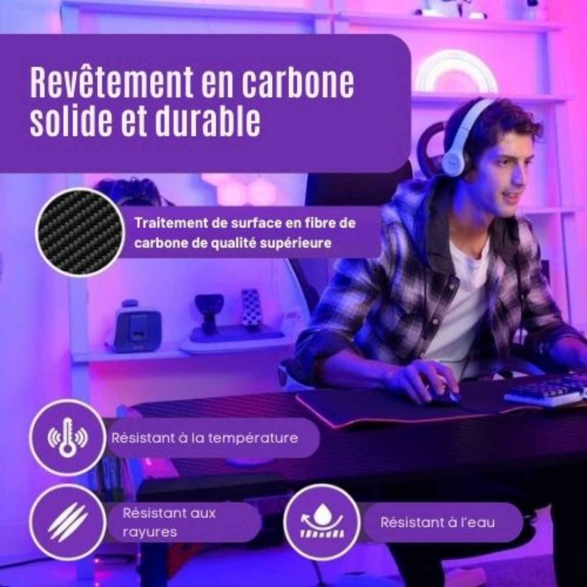Bureau de gaming - Avalo - 140x60x73 CM - Éclairage LED Intégré - Noir