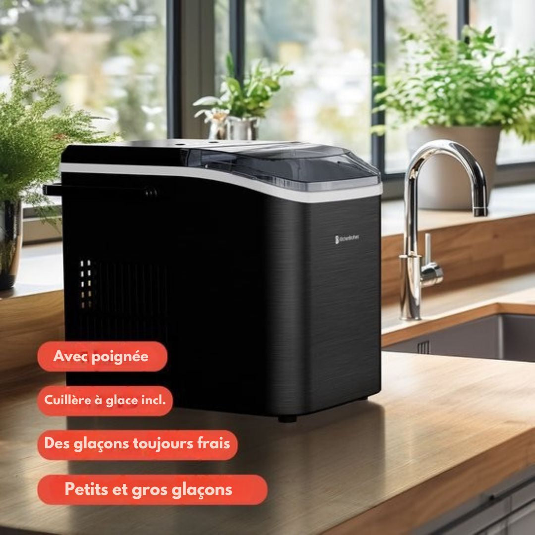 Machine à glaçons KitchenBrothers - 1.5L - 12kg/24 heures - Portable - Fonction auto-nettoyante - Acier inoxydable