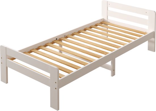 Lit d'enfant Sunny Olla – 200 x 90 – 205,5 x 98 x 61 cm – Lit pour tout-petits (filles et garçons) – 100 % bois certifié FSC – Avec sommier à lattes – Matelas non inclus – Blanc