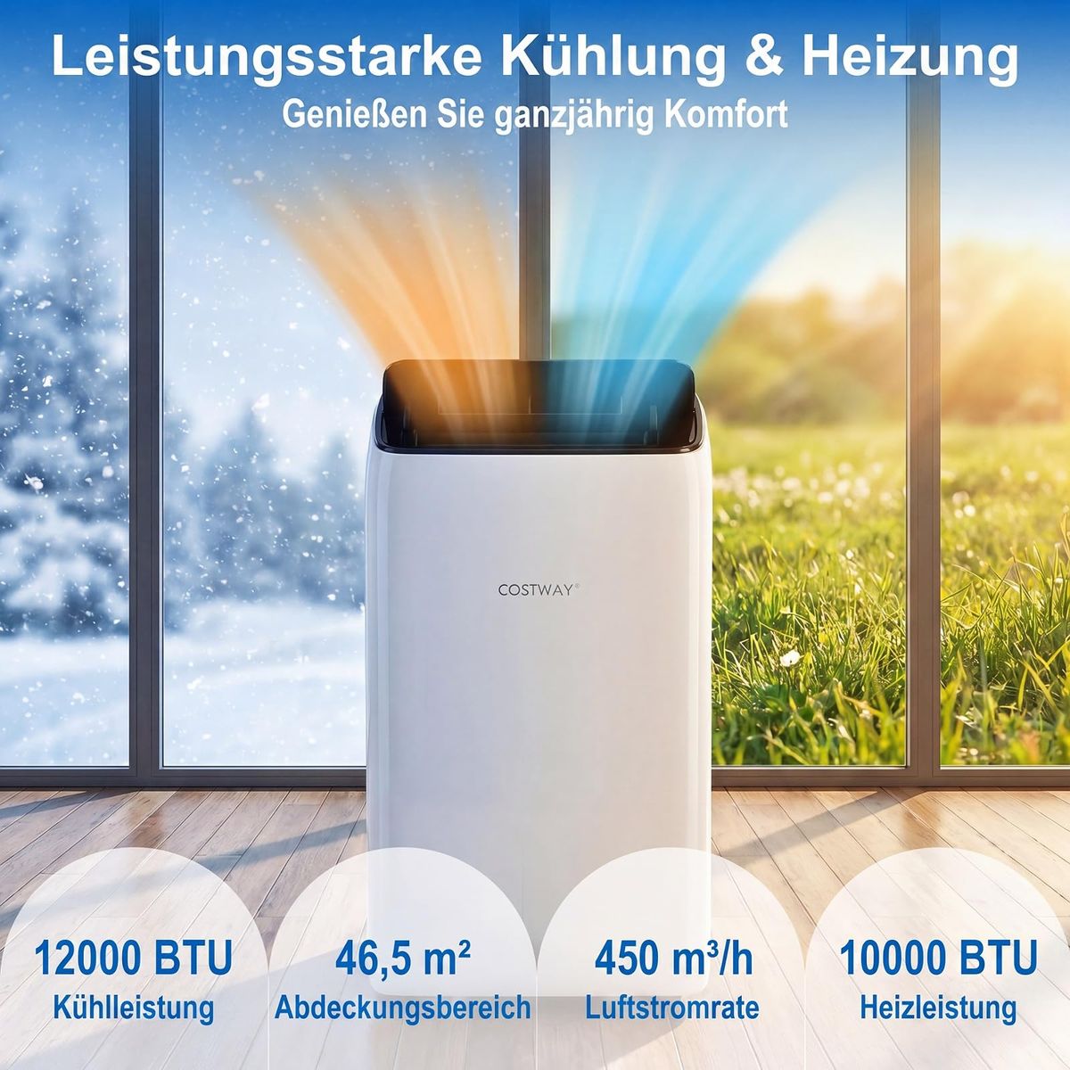 Climatiseur portable Coast - Système de climatisation 5 en 1 - 12 000 BTU - Pour des pièces jusqu'à 46 m² - Blanc