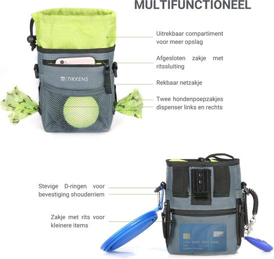 Pochette de récompenses Tikkens pour chiens - Avec clicker et gamelle pliable - Imperméable et lavable - 25 x 15 x 3 cm - Gris