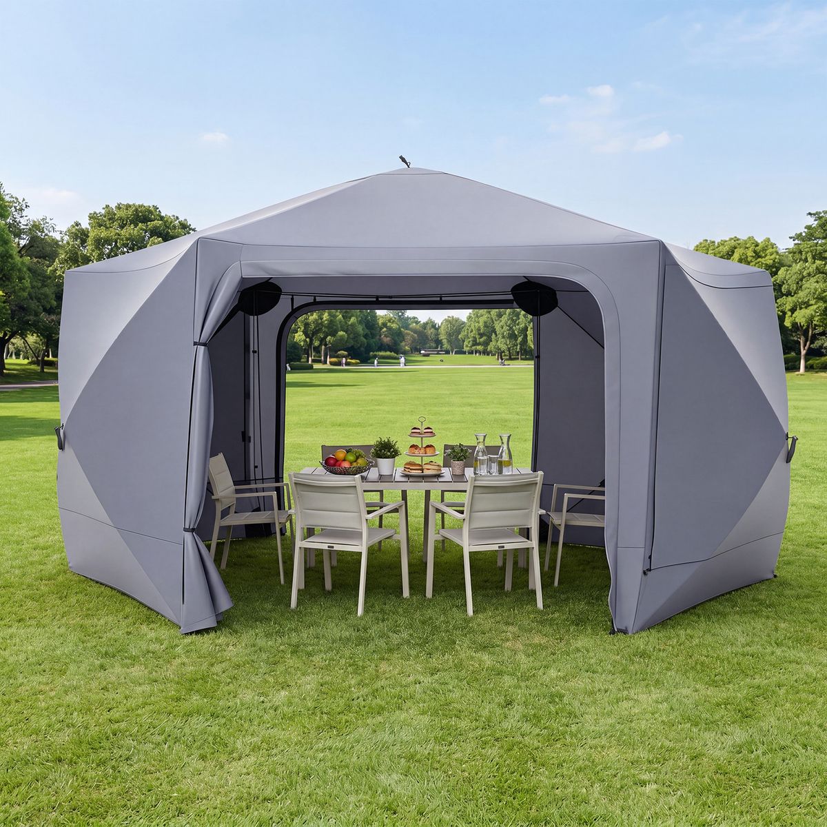 Pavillon de jardin éphémère Coast - hexagonal - avec 6 parois latérales et des moustiquaires - gris 427 x 427 cm