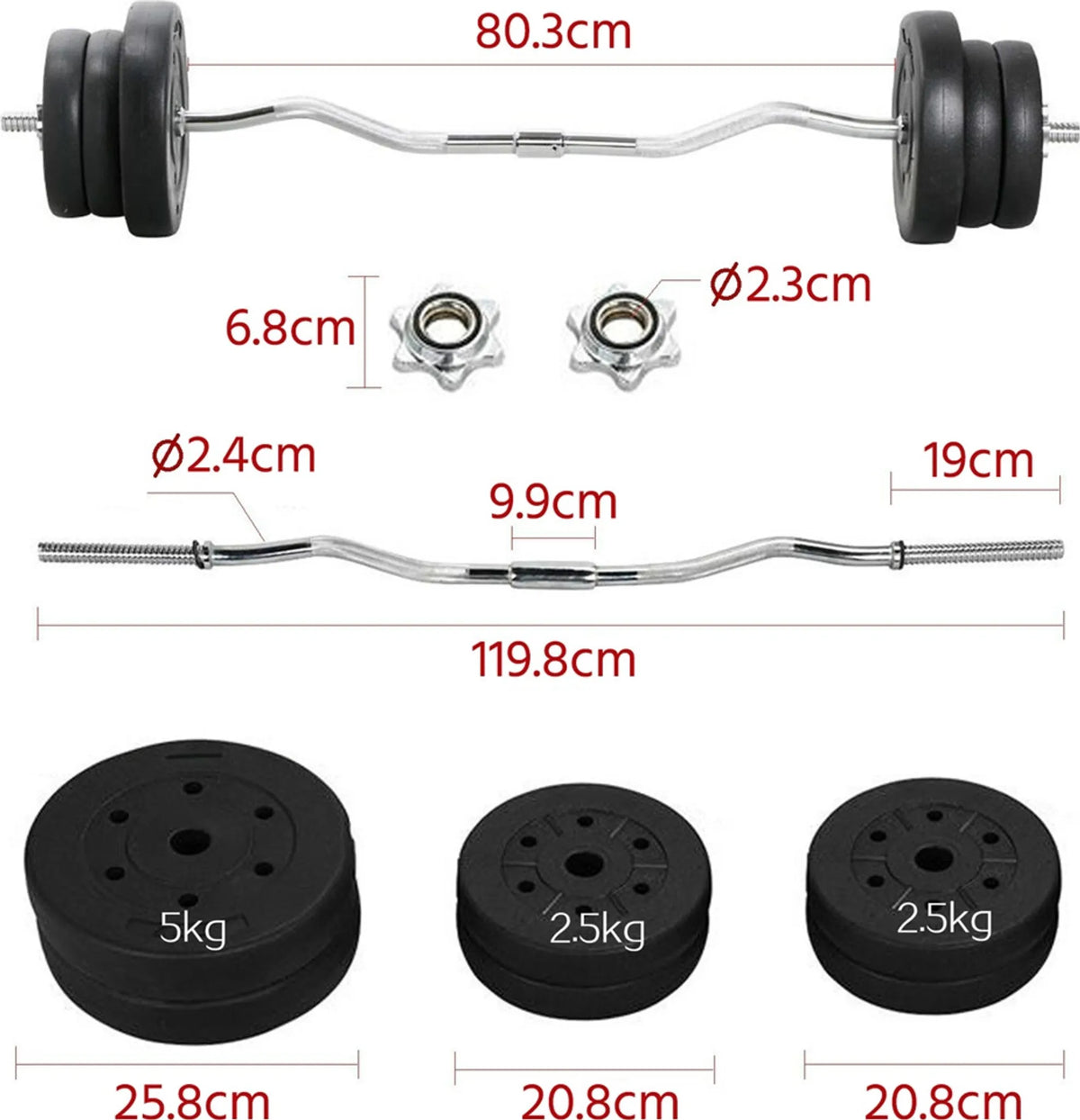Yaheetech EZ-curl Dumbbell Set 25 kg - équipé d'une barre de curl chromée et de 6 disques de poids en béton et de verrous - pour la musculation et le développement musculaire - métal noir, plastique et béton - 120 x 26 x 26 cm