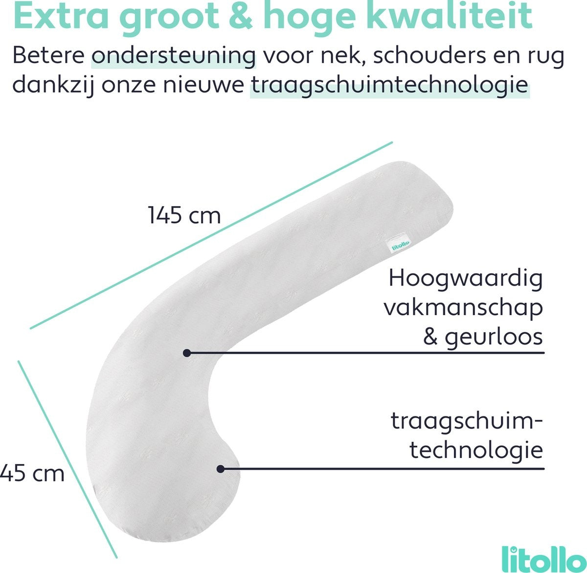 Litollo® Coussin de maternité (forme J) - Coussin d'allaitement - Coussin de corps - 145cm - Rembourrage en mousse à mémoire de forme