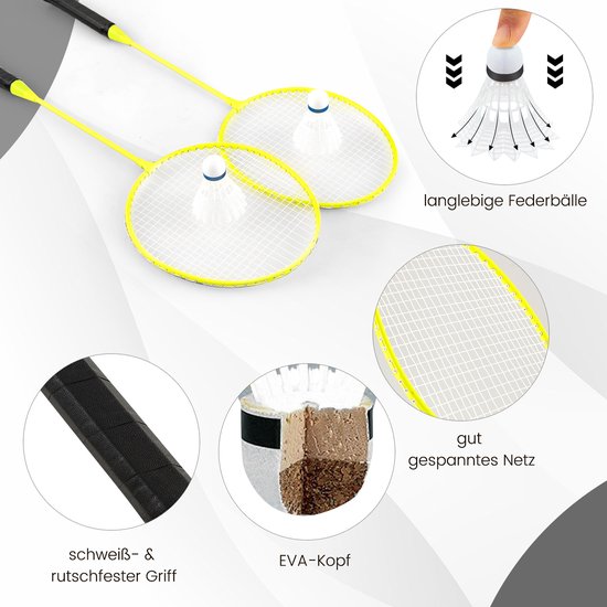 COSTWAY Support de filet de badminton, jeu de navette portable avec raquettes, 2 navettes, filet et boîte de rangement, set complet de badminton pour badminton/tennis et volley-ball pour l'intérieur et l'extérieur