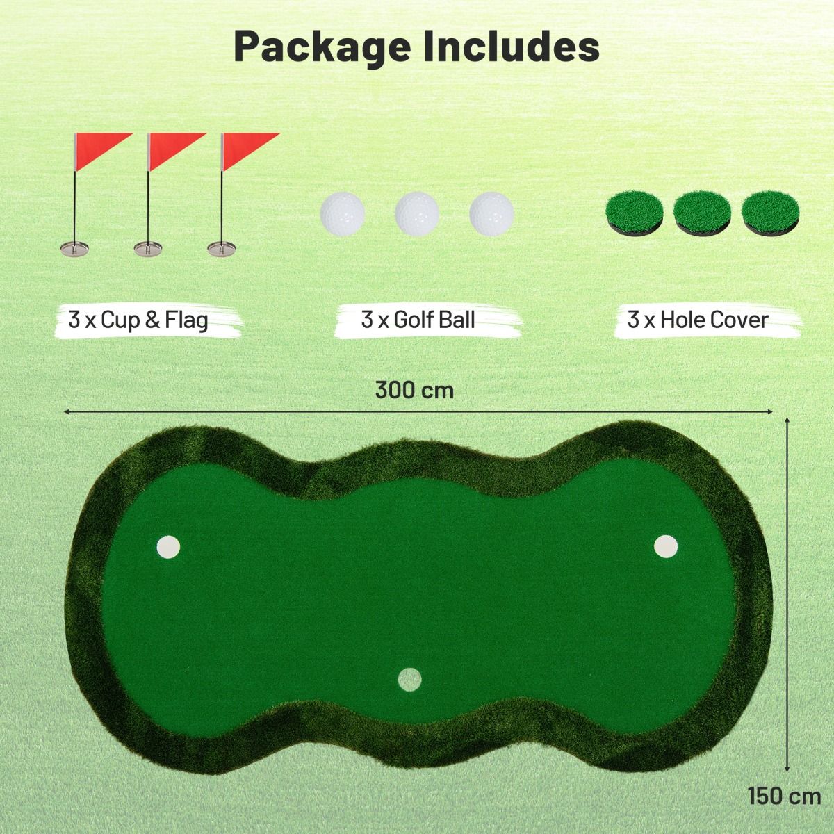 Tapis de putting Coast Golf - 3 trous - balles de golf et drapeaux inclus - 300 x 150 cm - vert