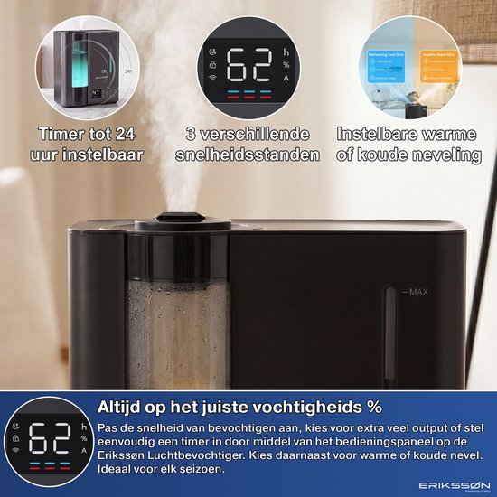 Humidificateur Erikssøn Elite - 8 litres - Adapté au salon, au bureau, à la chambre à coucher, à la chambre de bébé - Humidificateur - Avec fonction d'aromathérapie - Noir