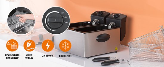 Friteuse Tristar 6 litres - FR-6937 - Friteuse double 2 x 1 800 W - Cuves à commande indépendante, zone froide - Acier inoxydable