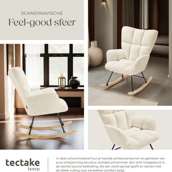 tectake® Rocking Chair Torve - Fauteuil à bascule en tissu bouclé de style scandinave - Fauteuil de relaxation avec patins en bois, revêtement souple et dossier haut pour un confort optimal - 70 x 96 x 97 cm - Beige