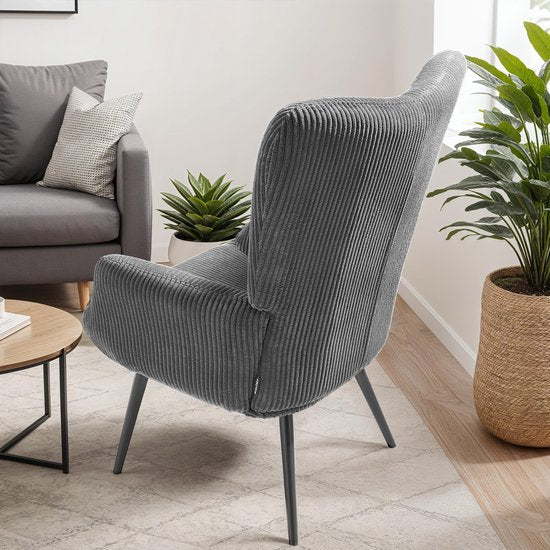 tectake® Fauteuil à oreilles de style scandinave - Velours côtelé Hygge - Chaise de salon, chambre à coucher - Chaise longue - Pieds en métal noir - Capacité jusqu'à 150 kg - Gris