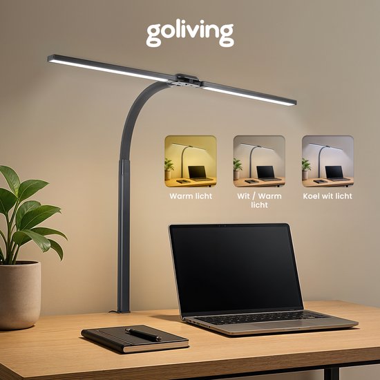 Goliving Lampe de bureau avec pince XL - 78 CM - LED dimmable avec télécommande - Lampe à pince - Lampe de table - Lampe de lecture - Flexible - Lampe LED - Touch Control - Softclose - Noir