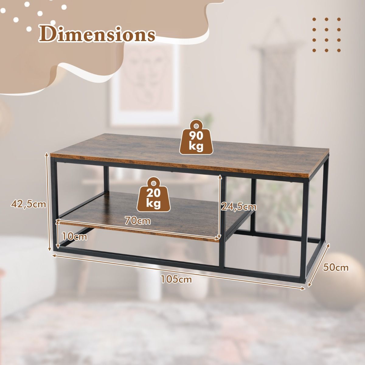 Table basse Coast - rectangulaire - 2 niveaux de rangement - marron rustique et noir - 105 x 50 x 42,5 cm