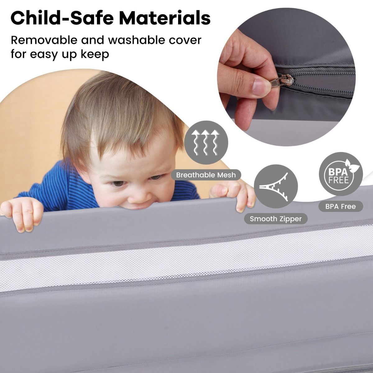 Barrière de lit Coast pour tout-petits - modèle pliable - housse amovible et lavable - gris - 120 cm