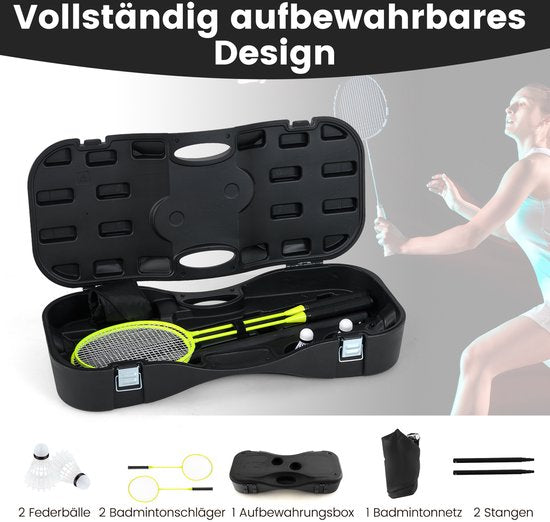 COSTWAY Support de filet de badminton, jeu de navette portable avec raquettes, 2 navettes, filet et boîte de rangement, set complet de badminton pour badminton/tennis et volley-ball pour l'intérieur et l'extérieur