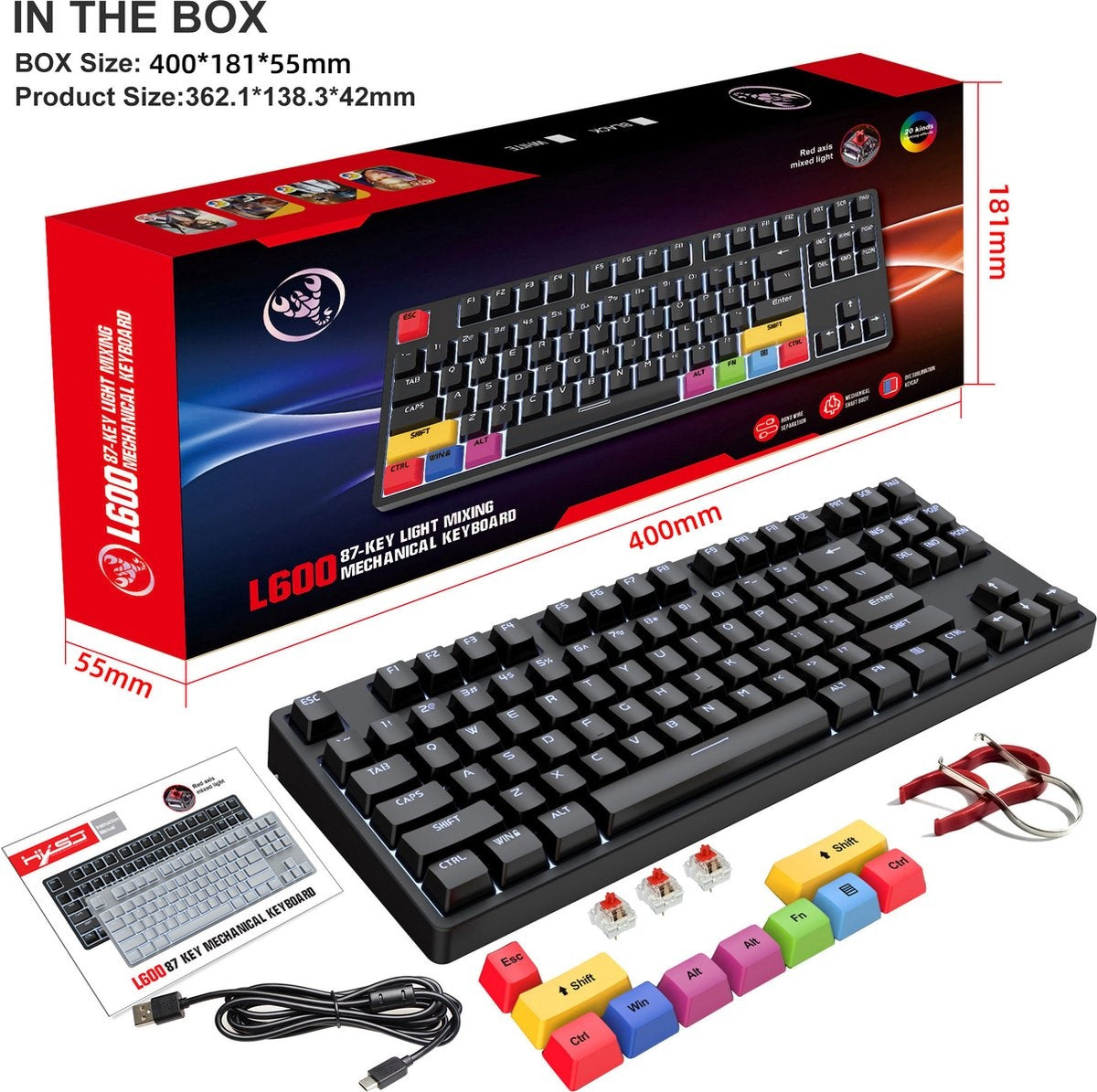 HXSJ L600 Clavier de jeu mécanique filaire - QWERTY - 87 touches - Interrupteur rouge - Noir