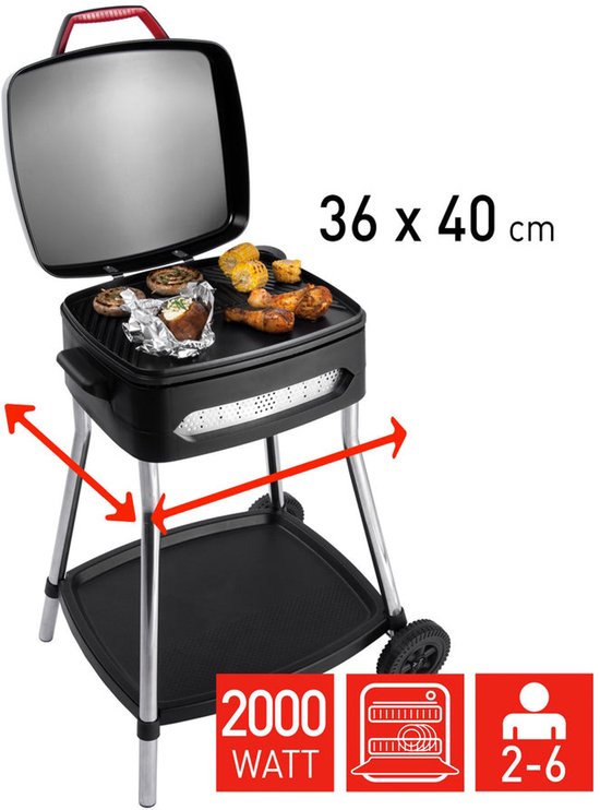 FRITEL barbecue BBQ 3278 - Barbecue électrique / Grill de table - Grande surface de cuisson : 40 x 36 cm - 2 000 W - Plaque amovible + piétement