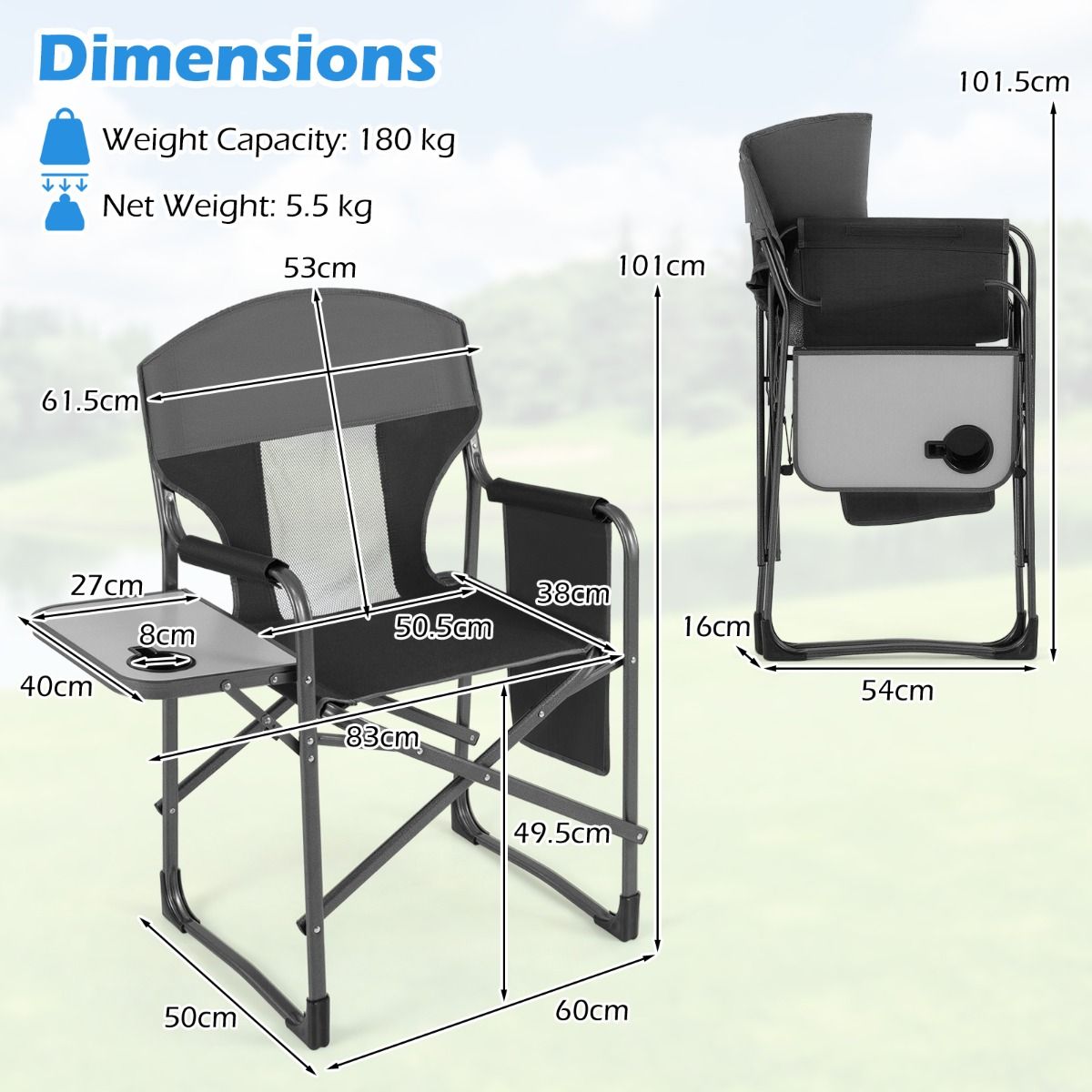 Chaise de réalisateur pliable Coast - avec table d'appoint et porte-gobelet - chaise de camping légère - marron et gris