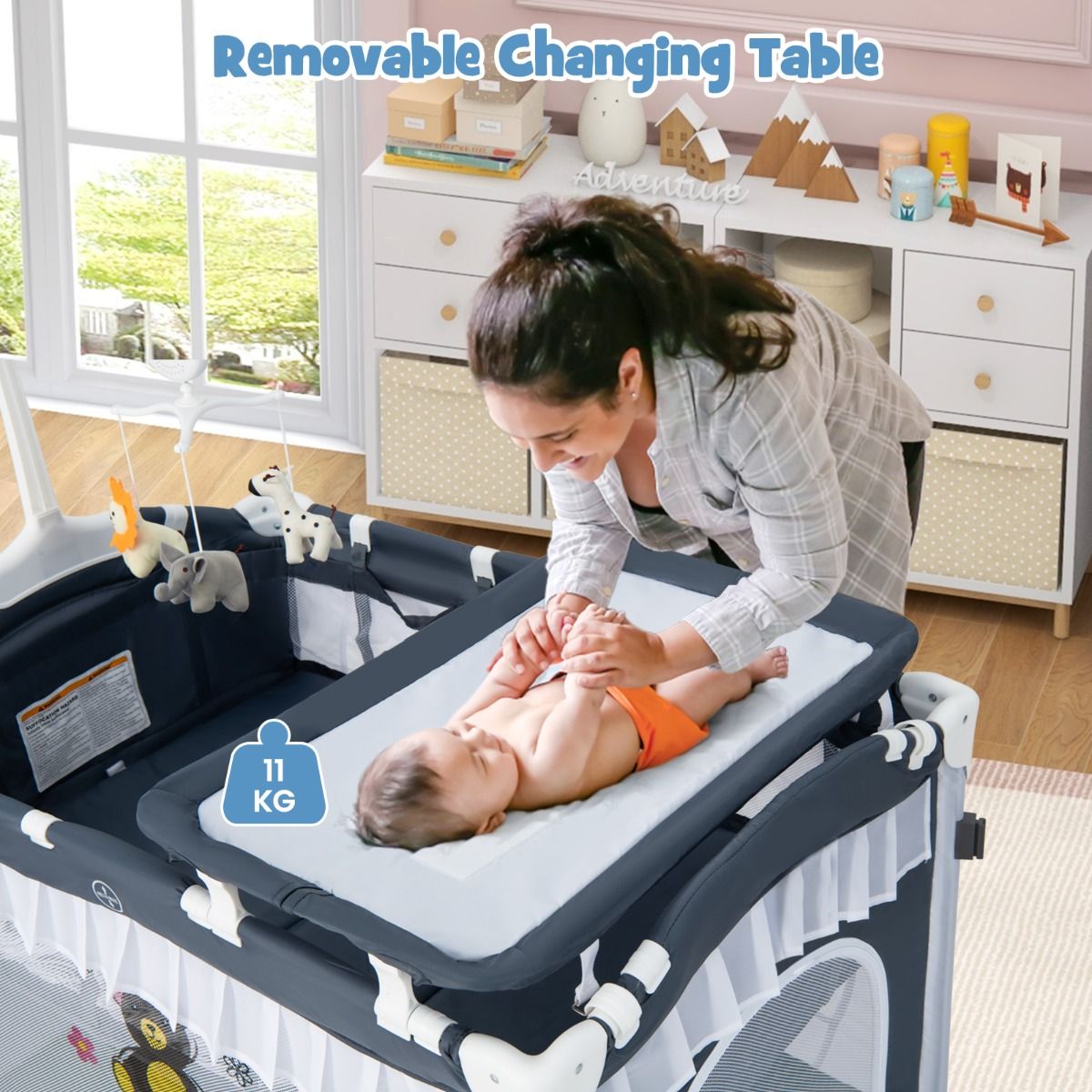 Lit pliant Coast - Lit bébé 4-en-1 avec table à langer et boîte à musique - gris