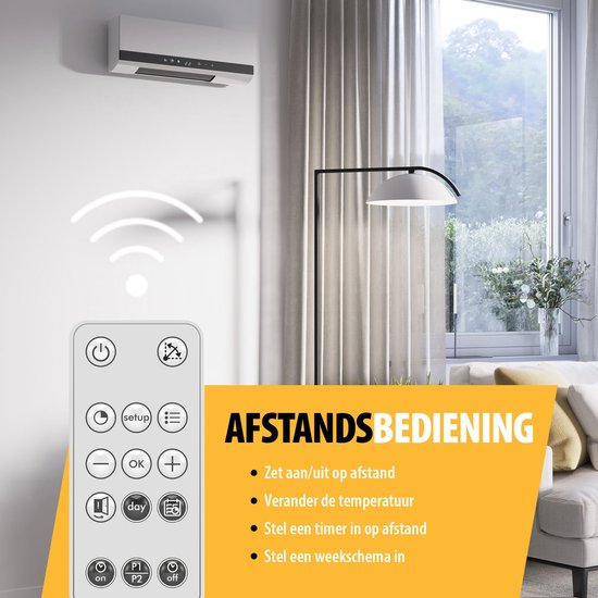 Radiateur céramique Tristar KA-5216 – 2 000 W – Avec télécommande, minuterie et fonction d'oscillation – Montage mural